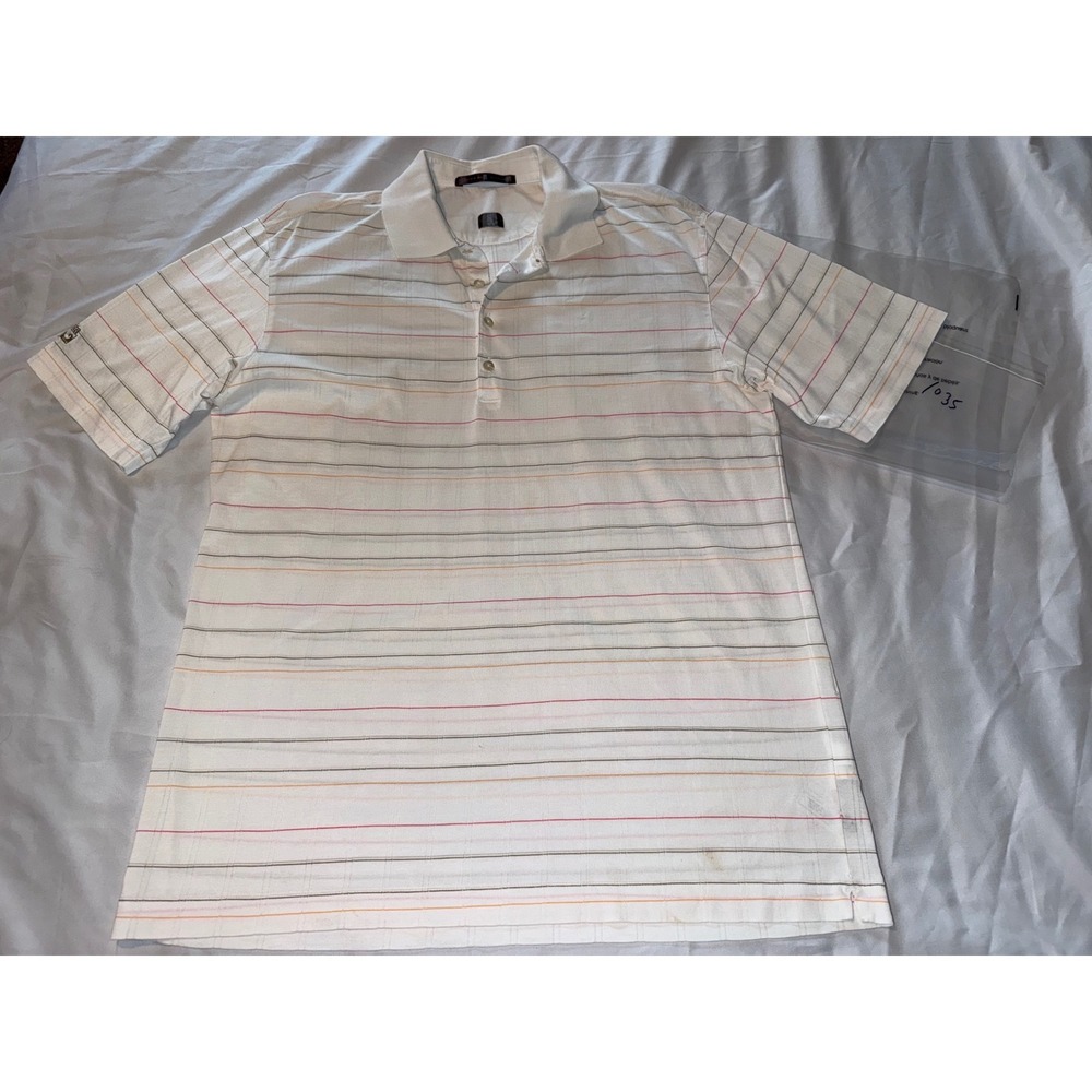 Nike Tiger Woods Mens Large White Multi Stripe Short Sleeve Golf Polo Shirt
